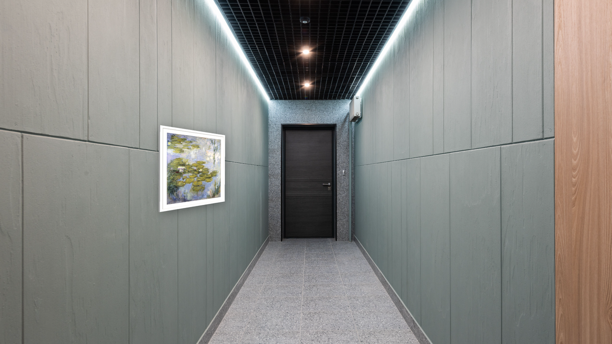 Nympheas by Claude Monet, shown at 36 × 40 in (91.4 × 101.6 cm) in Arber Light Walnut, hallway