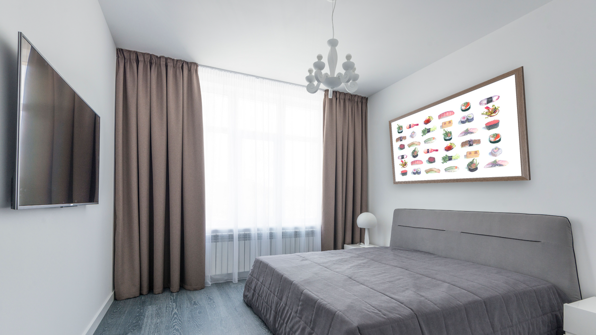 Sushi Pattern by Kirsten Söderlind, shown at 26 × 42 in (66 × 106.7 cm) in Arber Light Walnut, bedroom