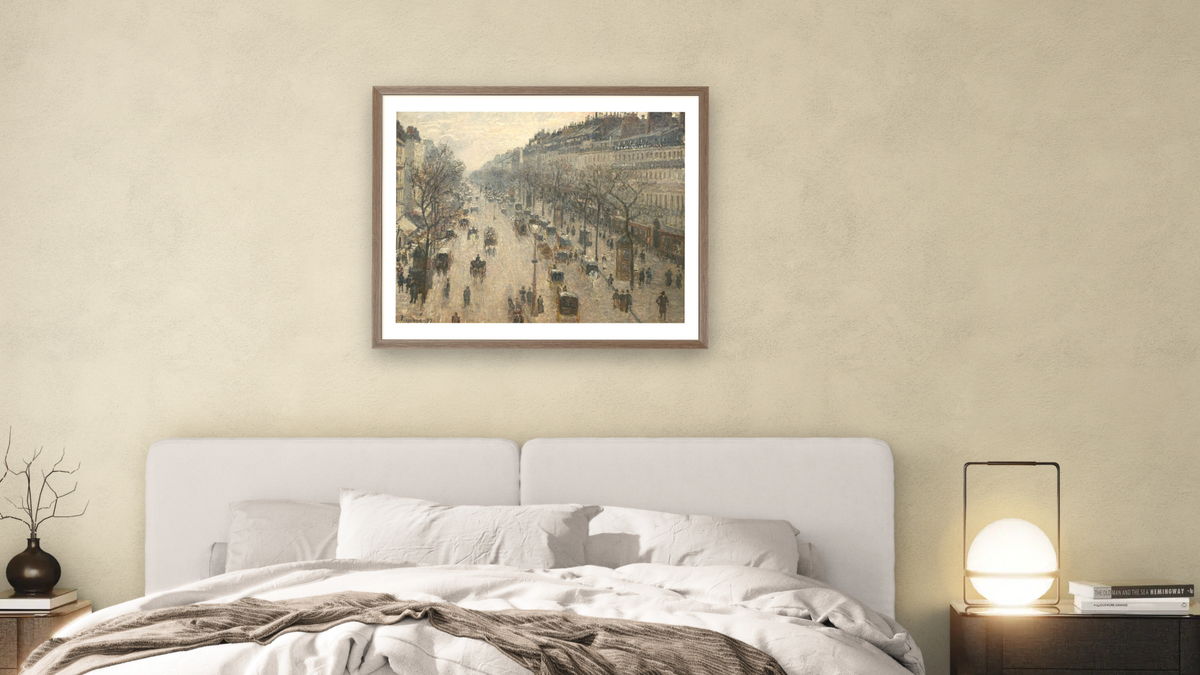 The Boulevard Montmartre on a Winter Morning by Camille Pissarro, shown at 32 × 40 in (81.3 × 101.6 cm) in Arber Light Walnut, bedroom