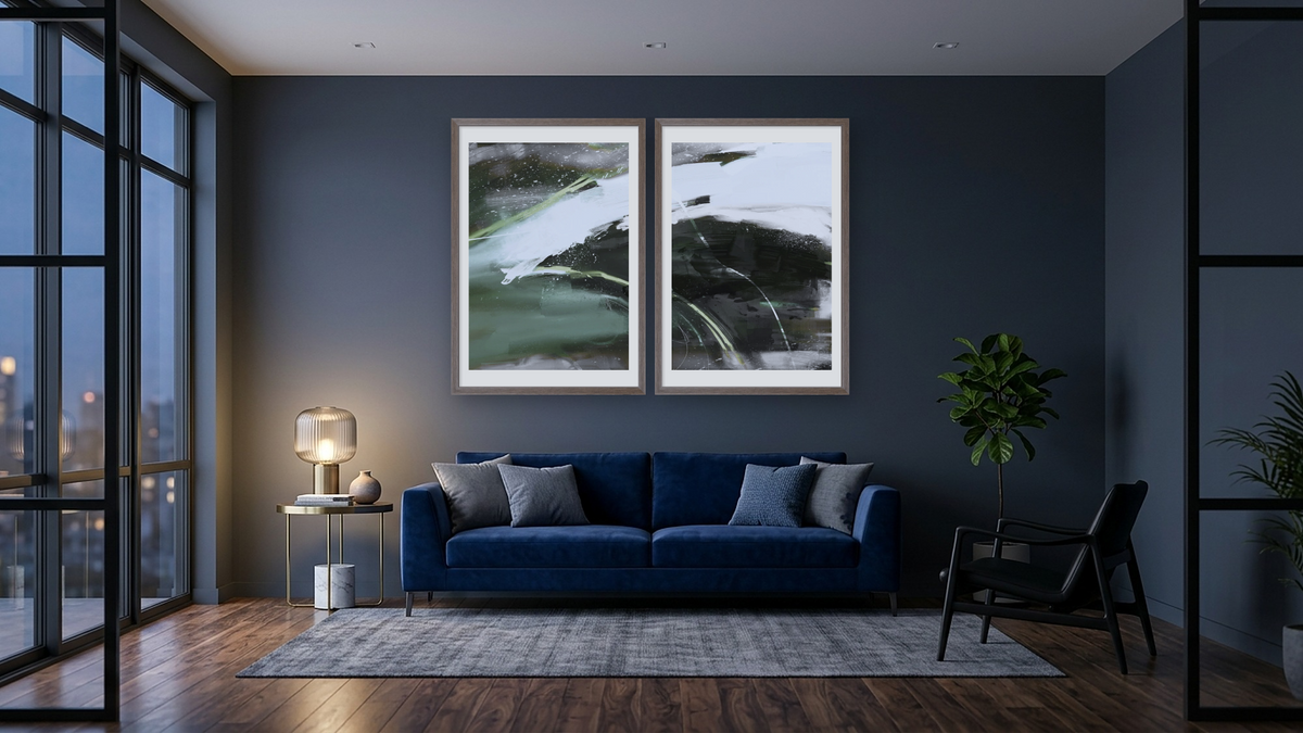Diptych — Cast 1 × Cast2, shown at 28 × 42 in (71.1 × 106.7 cm) in Arber Light Walnut, den