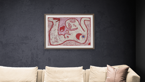 A Woman For Gods by Paul Klee, shown at 30 × 40 in (76.2 × 101.6 cm) in Arber Light Walnut, living [arteriel-render:v6:room_a:30x40@48,38]