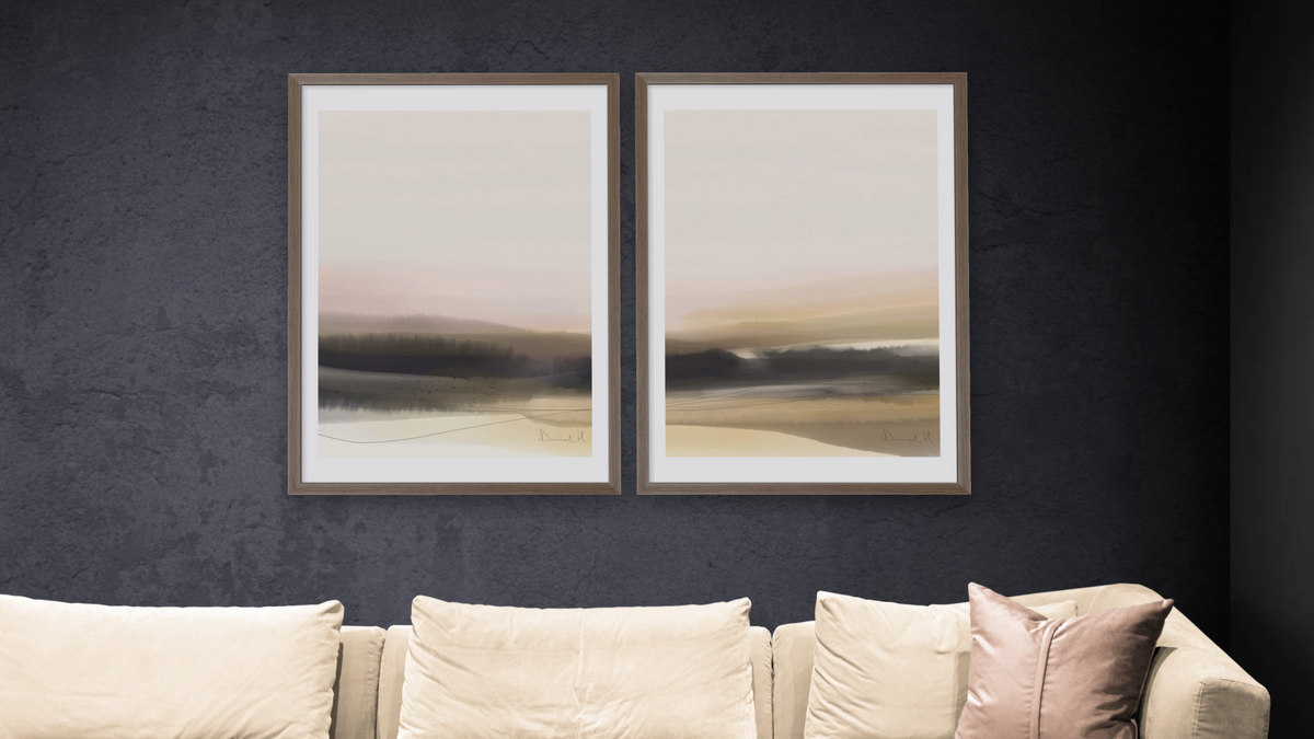 Diptych — Forest View 1 × Forest View 2, shown at 28 × 42 in (71.1 × 106.7 cm) in Arber Light Walnut, living