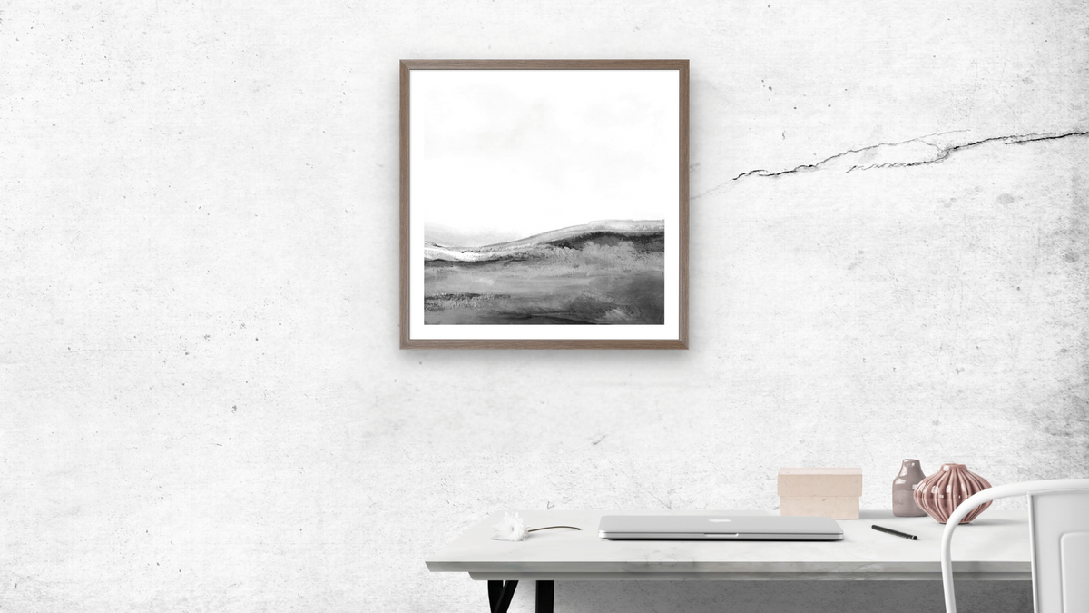 Mono Landscape 2 by Dan Hobday, shown at 32 × 32 in (81.3 × 81.3 cm) in Arber Light Walnut, office