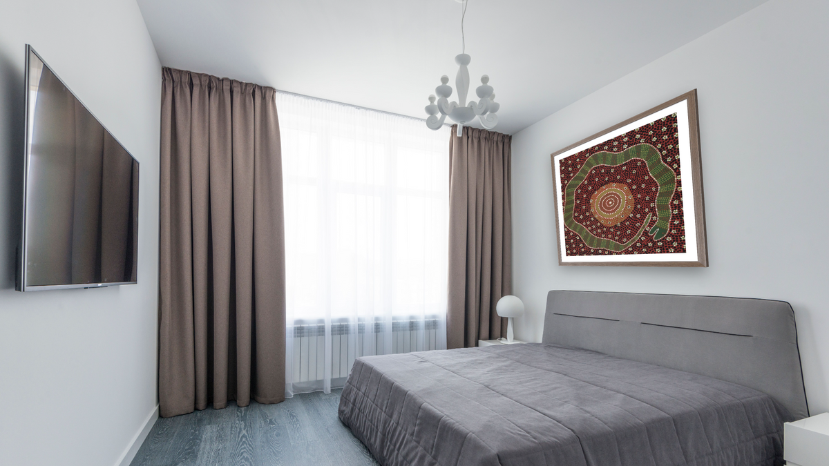 Warnampi Tingari by Dick Pantimas Tjupurrula, shown at 32 × 32 in (81.3 × 81.3 cm) in Arber Light Walnut, bedroom