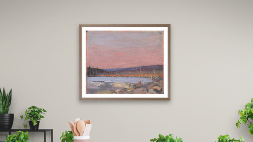 A Northern Lake by Tom Thomson, shown at 32 × 40 in (81.3 × 101.6 cm) in Arber Light Walnut, dining [arteriel-render:v6:room_a:32x40@49,44]
