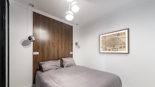 A Cidade de Angra. Na Ilhade Iesu Xpoda Tercera by Jan Huygen Van Linschoten, shown at 30 × 40 in (76.2 × 101.6 cm) in Arber Light Walnut, bedroom [arteriel-render:v6:room_a:30x40]