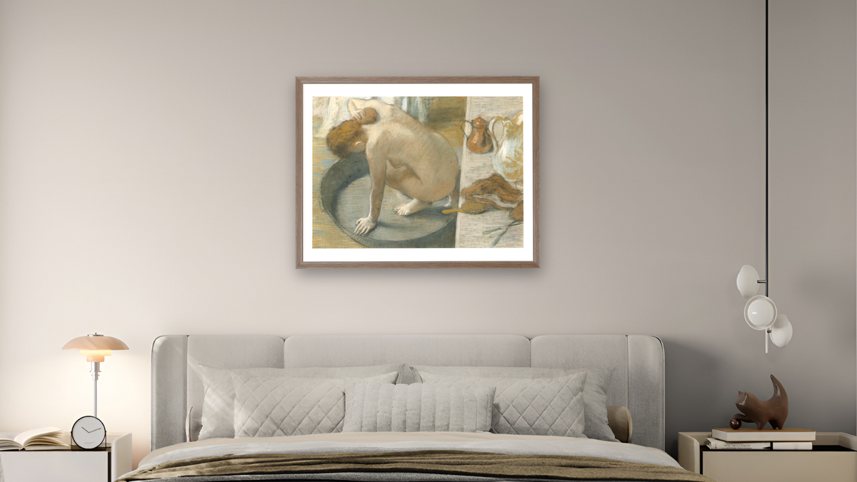 Apples and Oranges by Paul Cézanne, shown at 30 × 40 in (76.2 × 101.6 cm) in Arber Light Walnut, bedroom