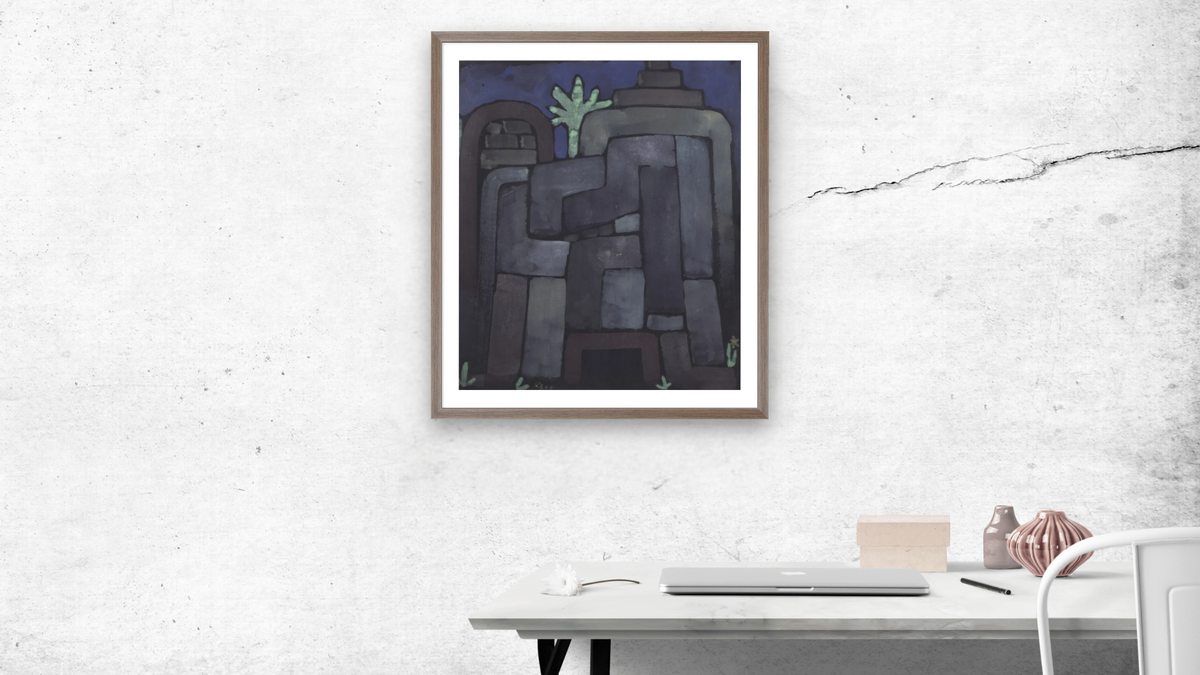 Ilfenburg, 1935 by Paul Klee, shown at 34 × 40 in (86.4 × 101.6 cm) in Arber Light Walnut, office