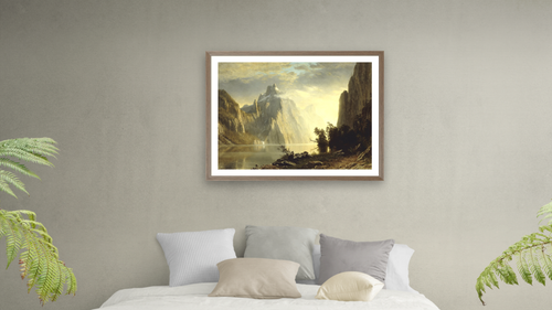 A Lake in the Sierra Nevada by Albert Bierstadt, shown at 30 × 40 in (76.2 × 101.6 cm) in Arber Light Walnut, bedroom [arteriel-render:v6:room_a:30x40@53,37]