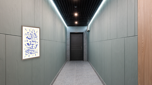 1984.54.99 by Paul Klee, shown at 28 × 42 in (71.1 × 106.7 cm) in Arber Light Walnut, hallway [arteriel-render:v6:room_a:28x42@20,50]