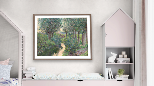 A Stream Beneath Poplars by Lilla Cabot Perry, shown at 32 × 40 in (81.3 × 101.6 cm) in Arber Light Walnut, bedroom [arteriel-render:v6:room_a:32x40@41,43]