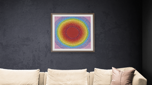 A Fantastic Sunset by Alma Thomas, shown at 32 × 32 in (81.3 × 81.3 cm) in Arber Light Walnut, living [arteriel-render:v6:room_a:32x32@48,38]