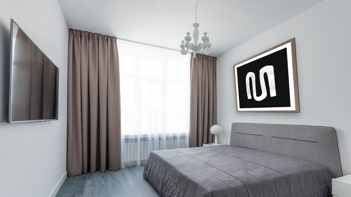 Mono Shapes 4 by Dan Hobday, shown at 32 × 32 in (81.3 × 81.3 cm) in Arber Light Walnut, bedroom