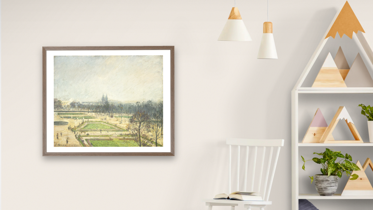 The Tuileries Ponds, Mist by Camille Pissarro, shown at 32 × 40 in (81.3 × 101.6 cm) in Arber Light Walnut, bedroom