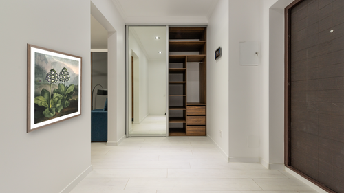 A Group of Auriculas II by Robert John Thornton, shown at 32 × 40 in (81.3 × 101.6 cm) in Arber Light Walnut, hallway [arteriel-render:v6:room_a:32x40@16,46]