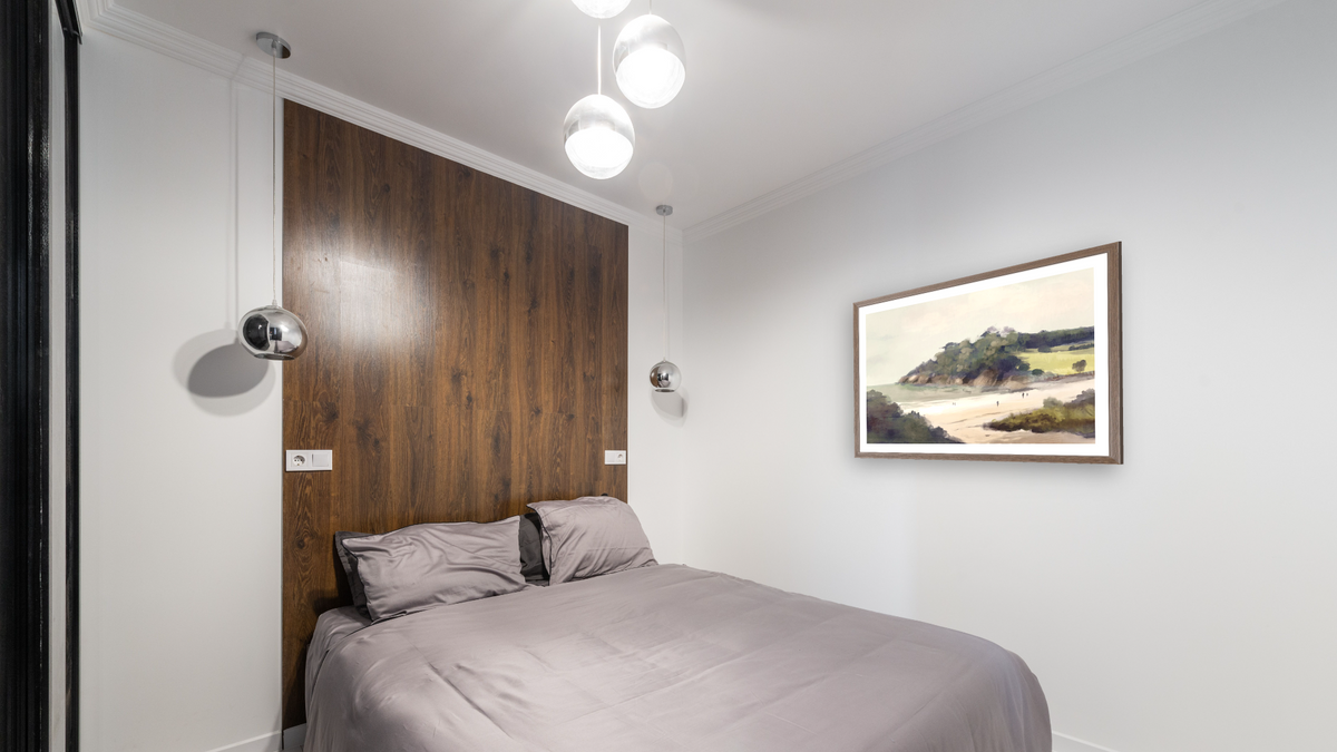 Devon Beach by Dan Hobday, shown at 30 × 42 in (76.2 × 106.7 cm) in Arber Light Walnut, bedroom