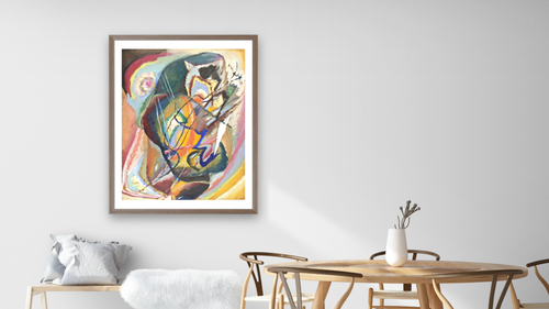 "Unbenannte Improvisation III", Roethel t. I n. 502, p. 507, shown at 30 × 40 in (76.2 × 101.6 cm) in Arber Light Walnut, dining [arteriel-render:v6:room_a:30x40@33,40]