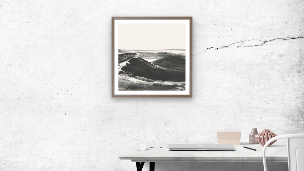 Dustland 2 by Dan Hobday, shown at 32 × 32 in (81.3 × 81.3 cm) in Arber Light Walnut, office