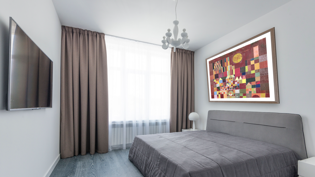 Castle and Sun by Paul Klee, shown at 34 × 40 in (86.4 × 101.6 cm) in Arber Light Walnut, bedroom