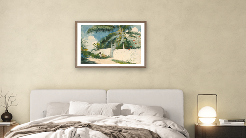 A Garden in Nassau by Winslow Homer, shown at 28 × 42 in (71.1 × 106.7 cm) in Arber Light Walnut, bedroom [arteriel-render:v6:room_a:28x42@45,32]