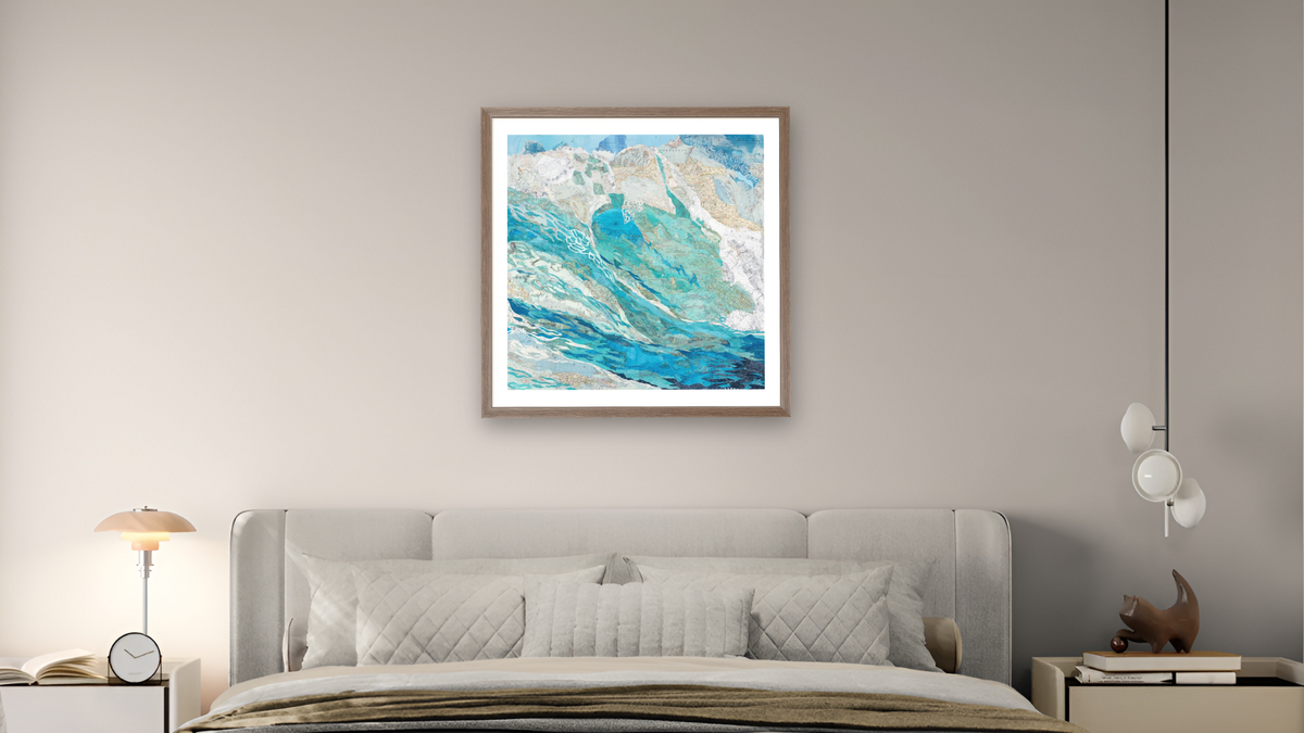 Ocean Wave 2 by Marcie Ojeda, shown at 32 × 32 in (81.3 × 81.3 cm) in Arber Light Walnut, bedroom