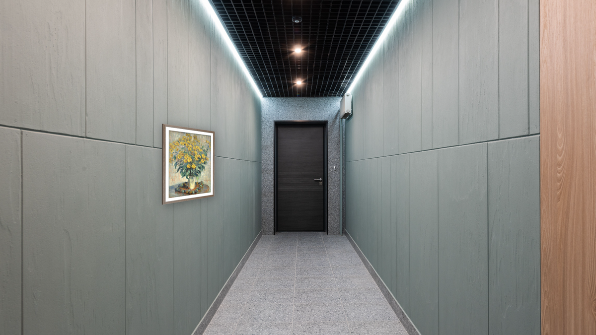 Jerusalem Artichoke Flowers by Claude Monet, shown at 29 × 40 in (73.7 × 101.6 cm) in Arber Light Walnut, hallway