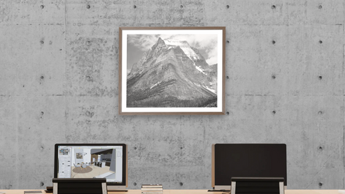 "Going-to-the-Sun Mountain", Glacier National Park, Montana by Ansel Adams, shown at 32 × 40 in (81.3 × 101.6 cm) in Arber Light Walnut, office [arteriel-render:v6:room_a:32x40@50,37]