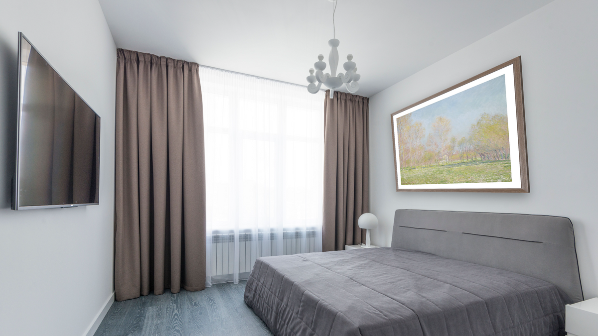 Spring in Giverny by Claude Monet, shown at 32 × 40 in (81.3 × 101.6 cm) in Arber Light Walnut, bedroom
