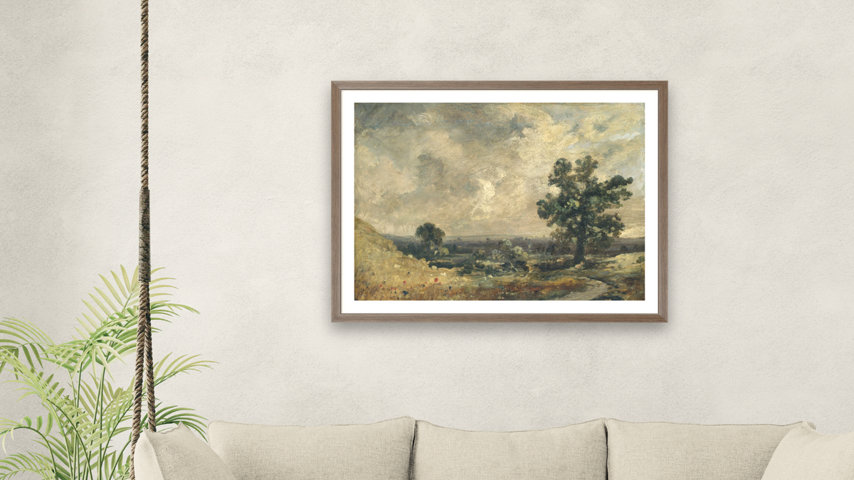 English Landscape, undated by John Constable, shown at 30 × 40 in (76.2 × 101.6 cm) in Arber Light Walnut, living