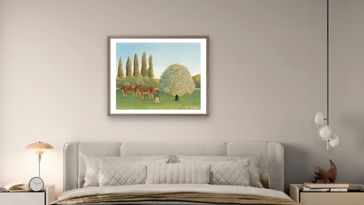 Meadowland by Henri Rousseau, shown at 32 × 40 in (81.3 × 101.6 cm) in Arber Light Walnut, bedroom