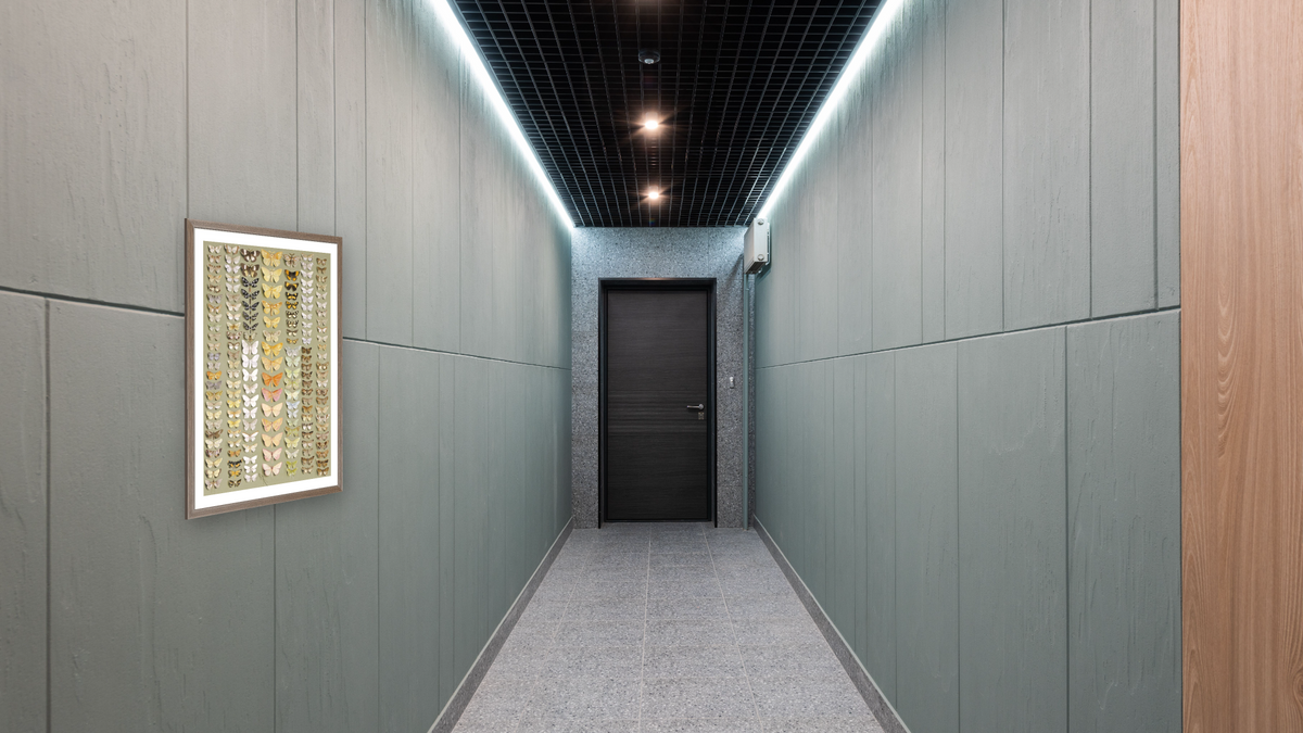 One Hundred and Fifty-Eight Moths by Ellis Rowan, shown at 28 × 42 in (71.1 × 106.7 cm) in Arber Light Walnut, hallway