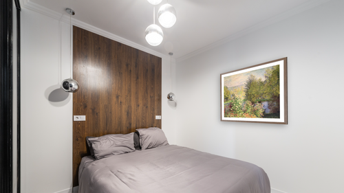 A Corner of the Garden at Montgeron by Claude Monet, shown at 36 × 40 in (91.4 × 101.6 cm) in Arber Light Walnut, bedroom [arteriel-render:v6:room_a:36x40@74,47]