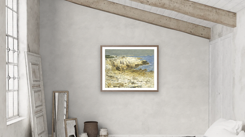 A North East Headland by Childe Hassam, shown at 32 × 40 in (81.3 × 101.6 cm) in Arber Light Walnut, bedroom [arteriel-render:v6:room_a:32x40@53,50]