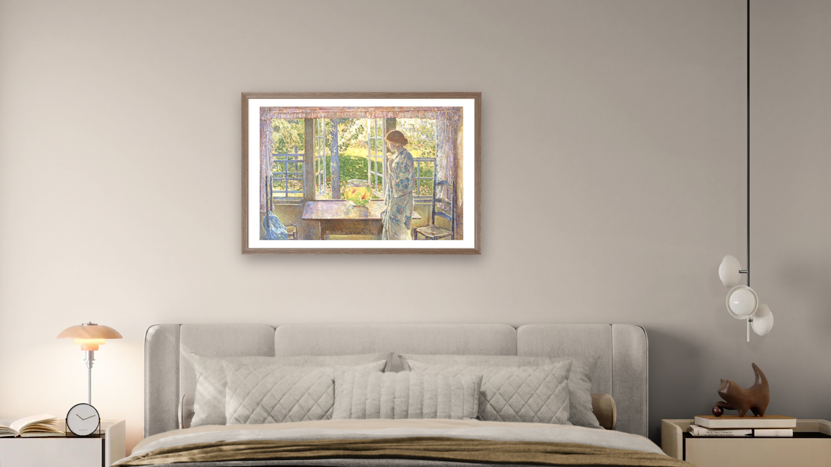 The Goldfish Window by Childe Hassam, shown at 28 × 42 in (71.1 × 106.7 cm) in Arber Light Walnut, bedroom