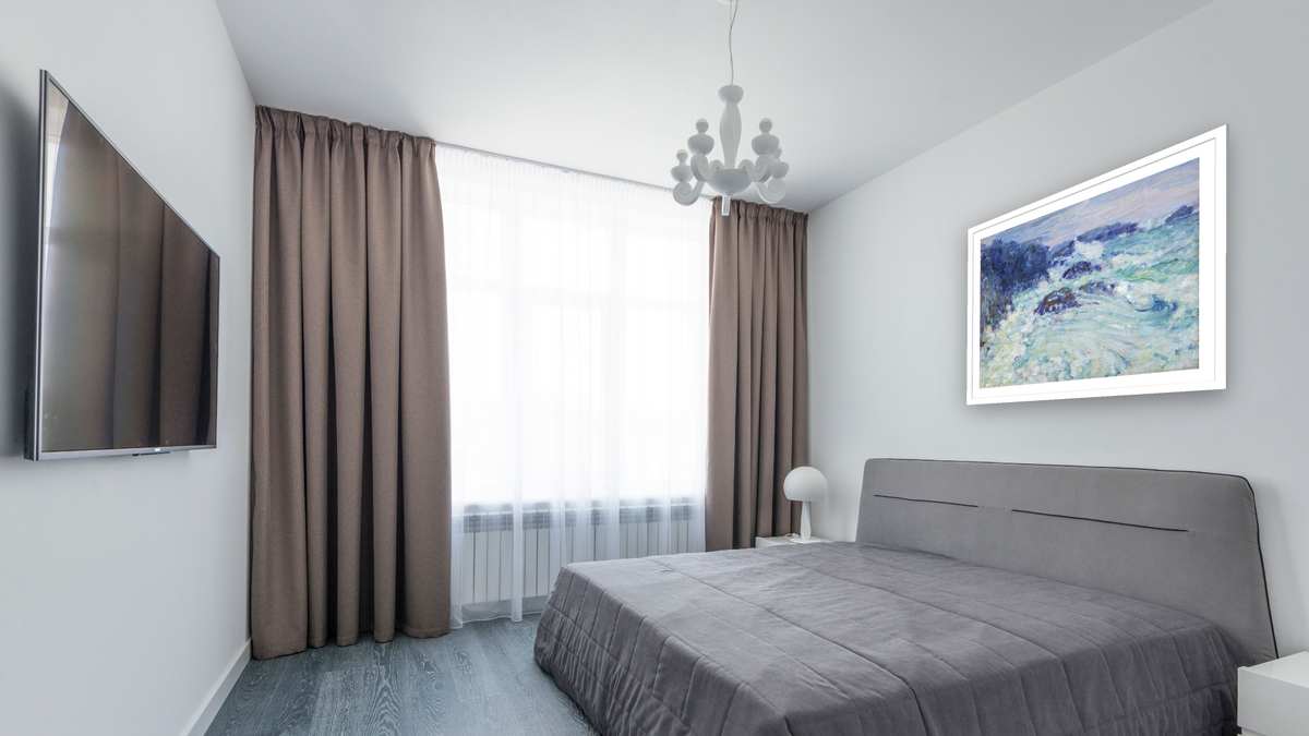 Rough sea, Morestil by John Peter Russell, shown at 32 × 40 in (81.3 × 101.6 cm) in Arber Light Walnut, bedroom