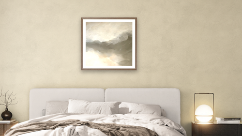Above Set 2 by Dan Hobday, shown at 32 × 32 in (81.3 × 81.3 cm) in Arber Light Walnut, bedroom [arteriel-render:v6:room_a:32x32@45,32]