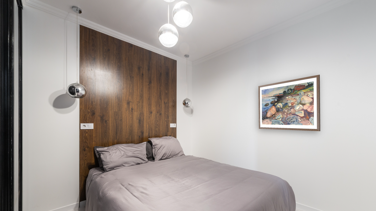 Shore with Red House by Edvard Munch, shown at 30 × 40 in (76.2 × 101.6 cm) in Arber Light Walnut, bedroom