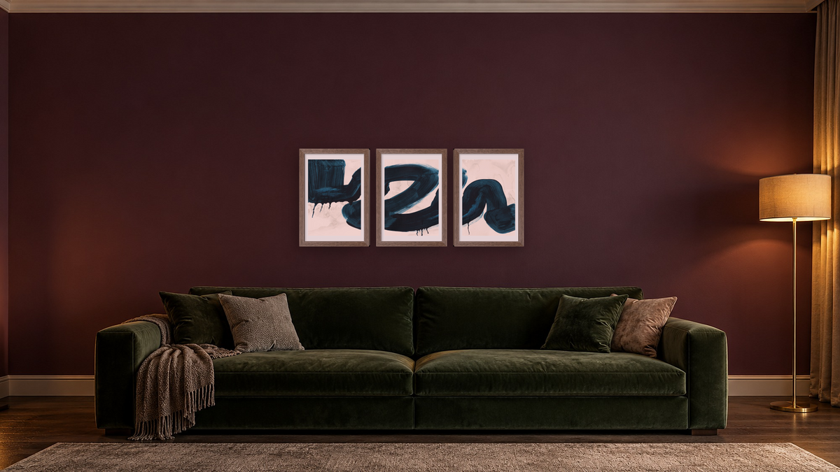 Triptych — Brush Stokes 1 × Brush Strokes 2 × Brush Strokes 3, shown at 14 × 21 in (35.6 × 53.3 cm) in Arber Light Walnut, den