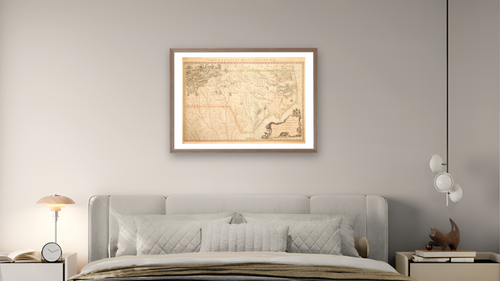 A Compleat map of North-Carolina from an actual survey. 1770. by Collet, John. Bayly, J. Hooper,, shown at 28 × 42 in (71.1 × 106.7 cm) in Arber Light Walnut, bedroom [arteriel-render:v6:room_a:28x42@49,36]