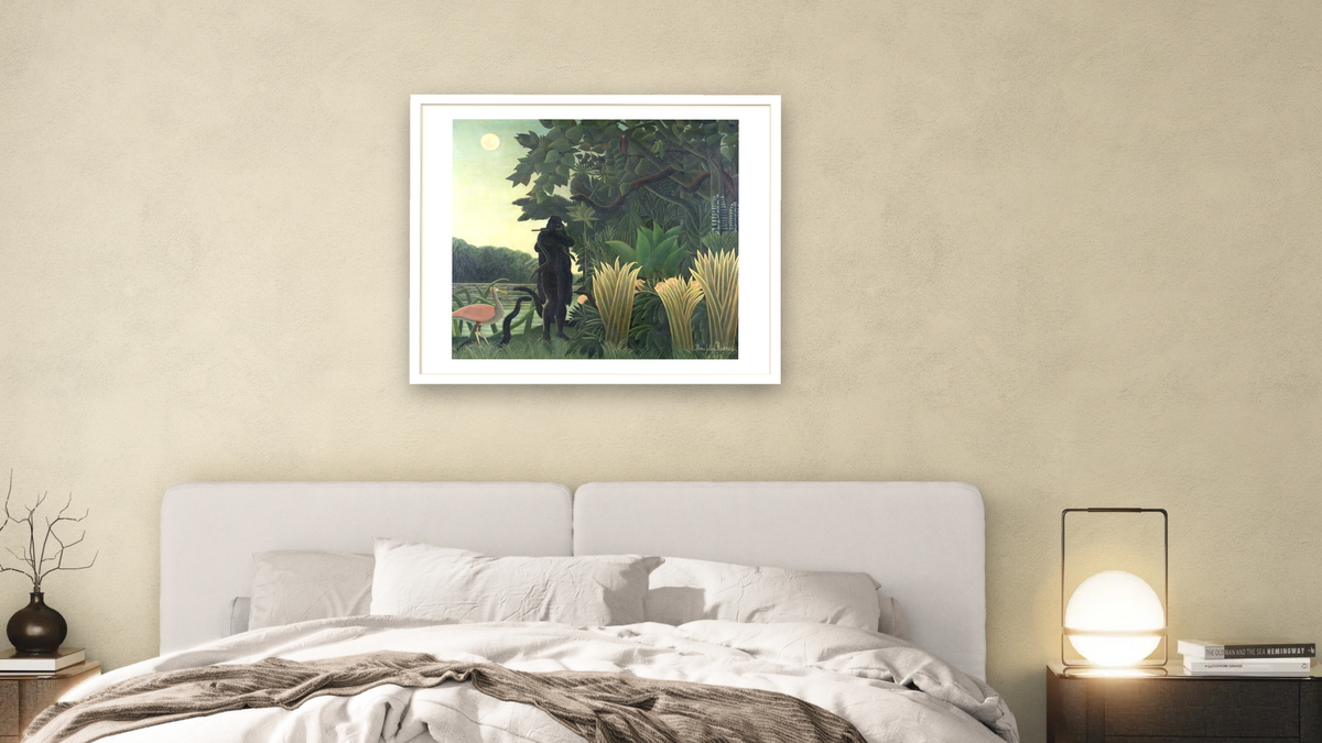 The Snake Charmer, 1907 (La Charmeuse de serpents) by Henri Rousseau, shown at 32 × 40 in (81.3 × 101.6 cm) in Arber Light Walnut, bedroom