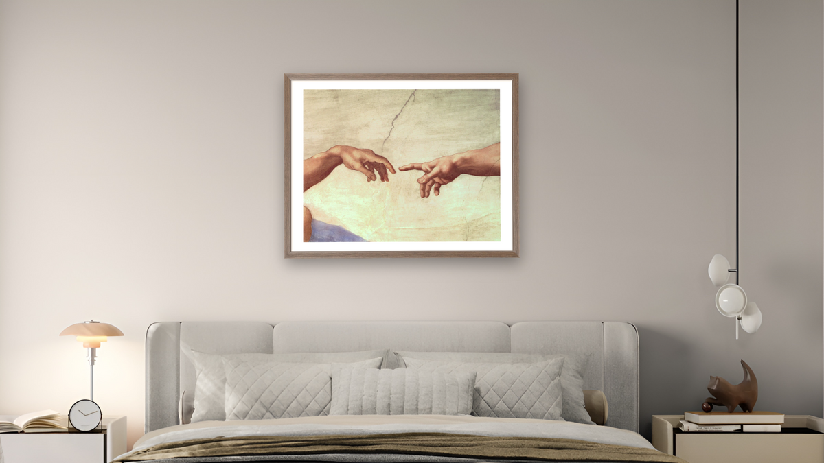 Hands of God and Adam, detail from The Creation of Adam, from the Sistine Ceiling (pre restoration) by Michelangelo Buonarroti, shown at 30 × 40 in (76.2 × 101.6 cm) in Arber Light Walnut, bedroom