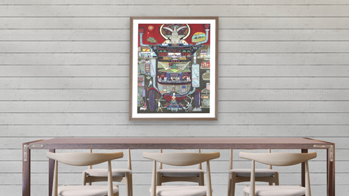 A Bomb (Lifetime Guarantee) by Ralph Fasanella, shown at 32 × 40 in (81.3 × 101.6 cm) in Arber Light Walnut, dining [arteriel-render:v6:room_a:32x40@50,35]