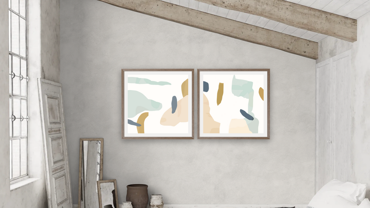 Diptych — Mez Set 1 × Mez Set 2, shown at 32 × 32 in (81.3 × 81.3 cm) in Arber Light Walnut, bedroom