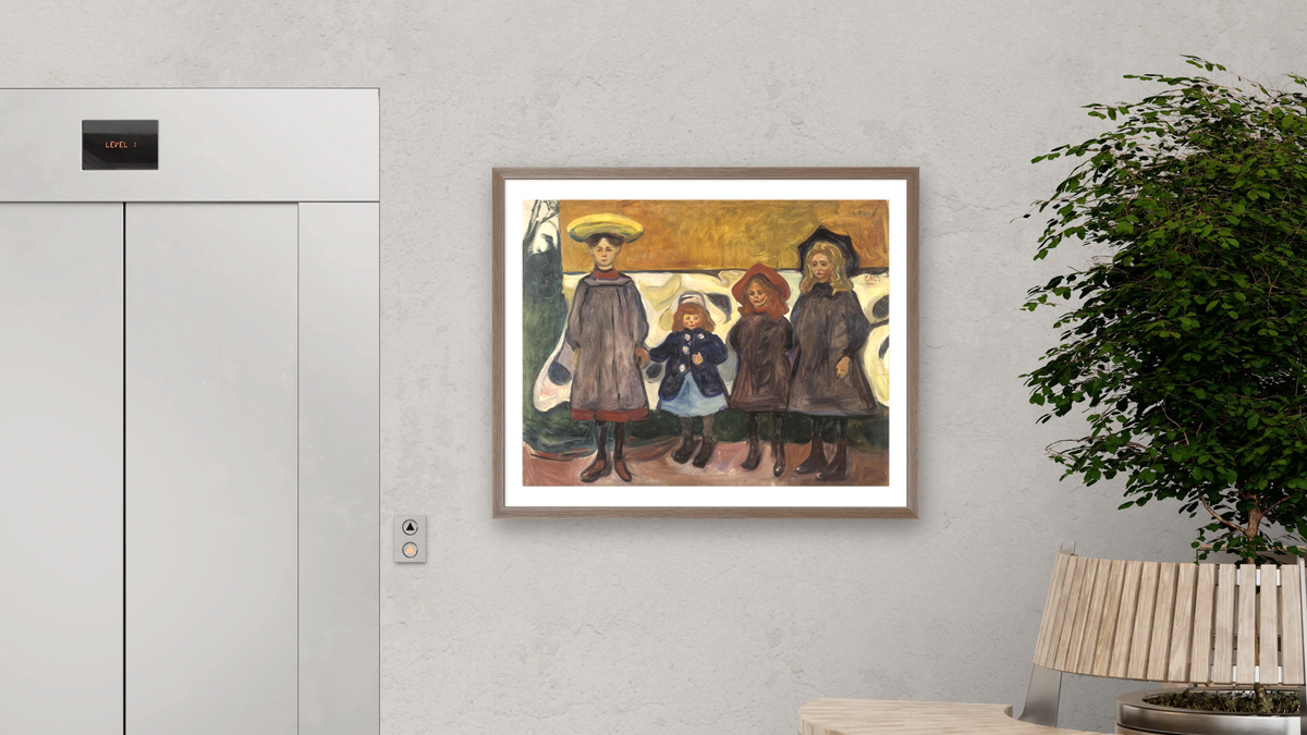 Four Girls in Åsgårdstrand by Edvard Munch, shown at 32 × 40 in (81.3 × 101.6 cm) in Arber Light Walnut, office