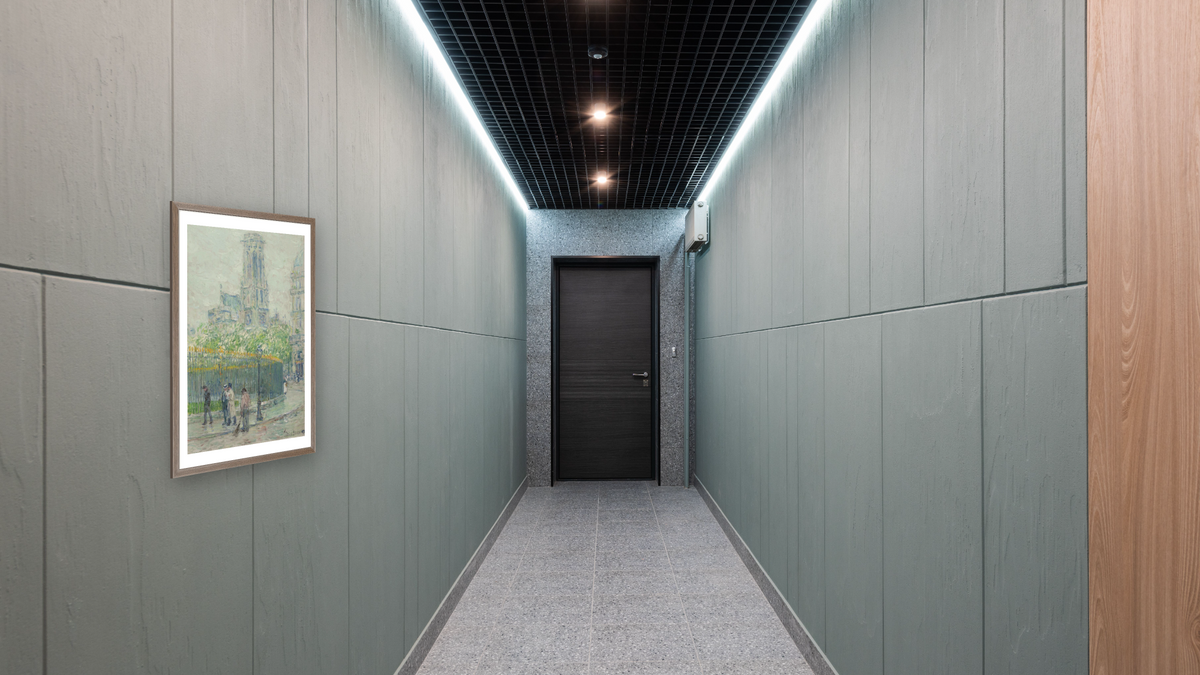 St. Germain l’Auxerrois by Childe Hassam, shown at 28 × 42 in (71.1 × 106.7 cm) in Arber Light Walnut, hallway