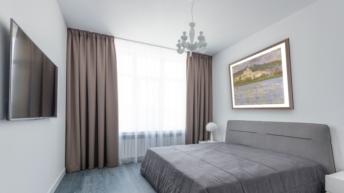 Vétheuil by Claude Monet, shown at 31 × 32 in (78.7 × 81.3 cm) in Arber Light Walnut, bedroom