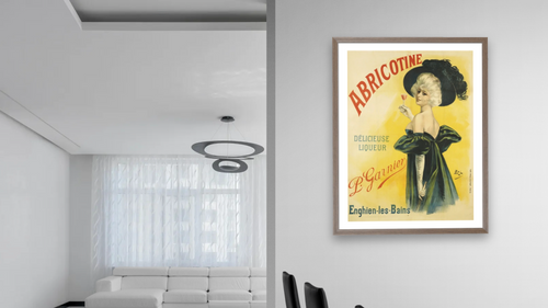 Abricotine Poster by Pal, shown at 30 × 40 in (76.2 × 101.6 cm) in Arber Light Walnut, dining [arteriel-render:v6:room_a:30x40@75,44]