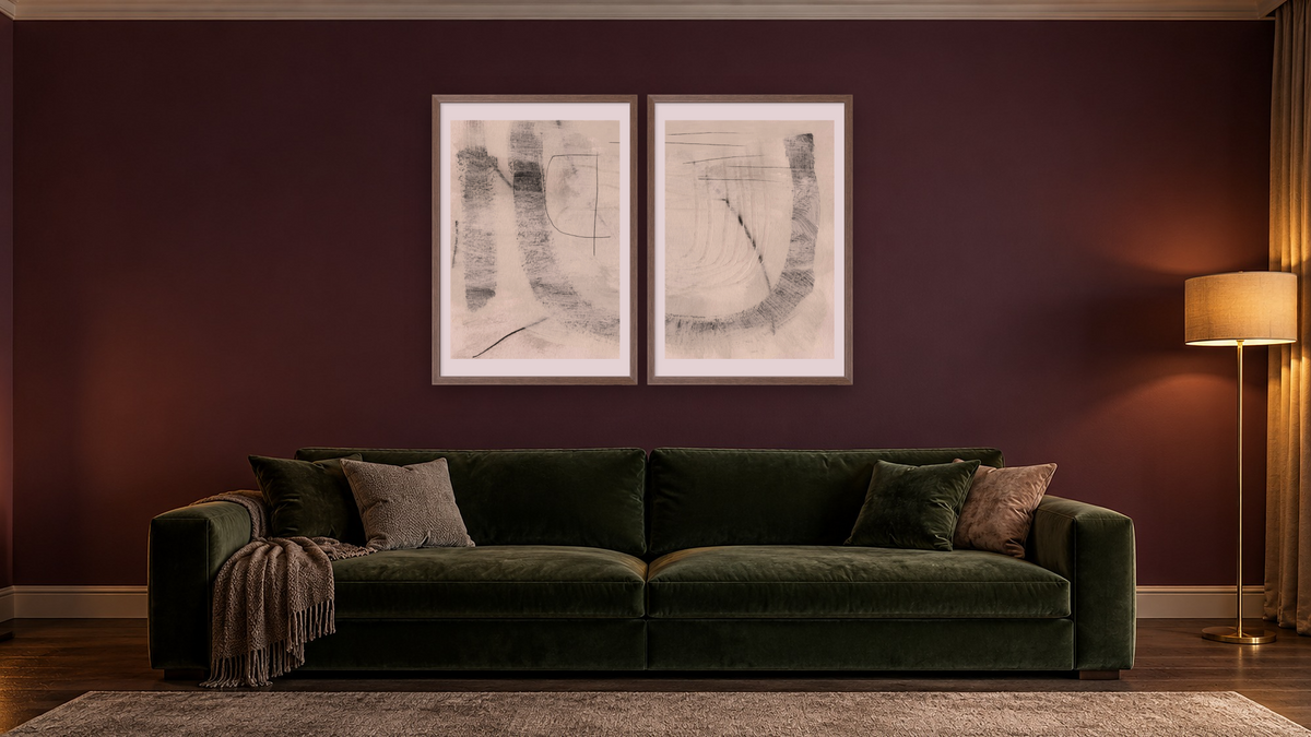 Diptych — Real 1 × Real 2, shown at 28 × 42 in (71.1 × 106.7 cm) in Arber Light Walnut, den