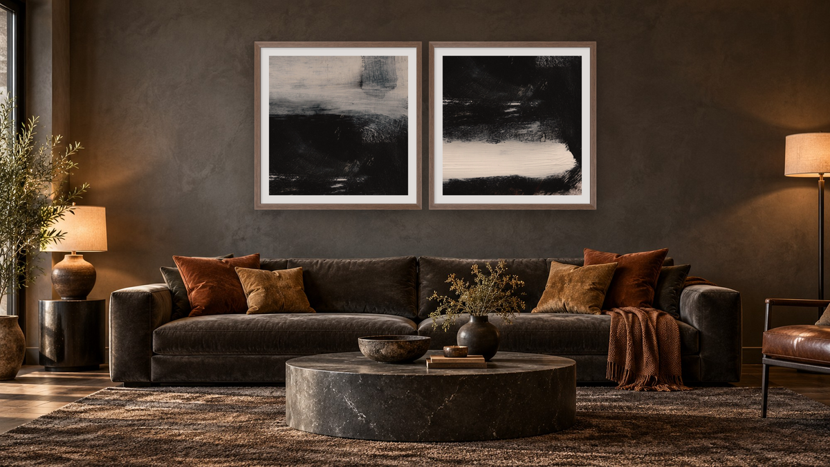 Diptych — On The Low 1 × On The Low 2, shown at 32 × 32 in (81.3 × 81.3 cm) in Arber Light Walnut, den