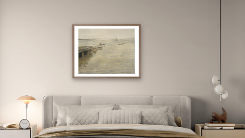 A Gray Day by William Merritt Chase, shown at 32 × 40 in (81.3 × 101.6 cm) in Arber Light Walnut, bedroom [arteriel-render:v6:room_a:32x40@43,37]